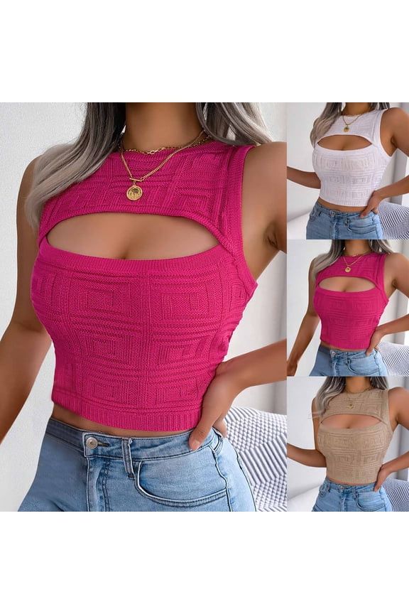 Hollow‑Out Round‑Neck Sleeveless Tank Top Asymmetric Cut Streetwear Lightweight Breathable Ribbed Knit Slim Fit Trendy Casual Layering Piece For Night Out Beach And Daywear Summer Top