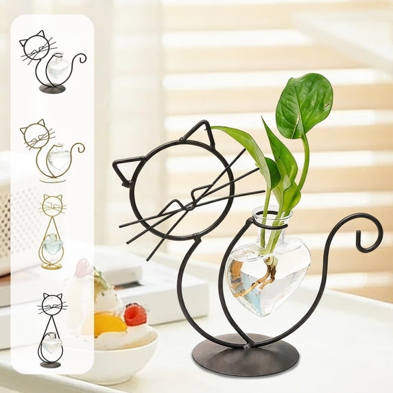 Dianli Gifts Home Decor Cat-Shaped Wrought Iron Hydroponic Flower Vase Tabletop Centerpiece Rustic Metal Floral Arranger for Living Room and Dining Table Decorative Accent