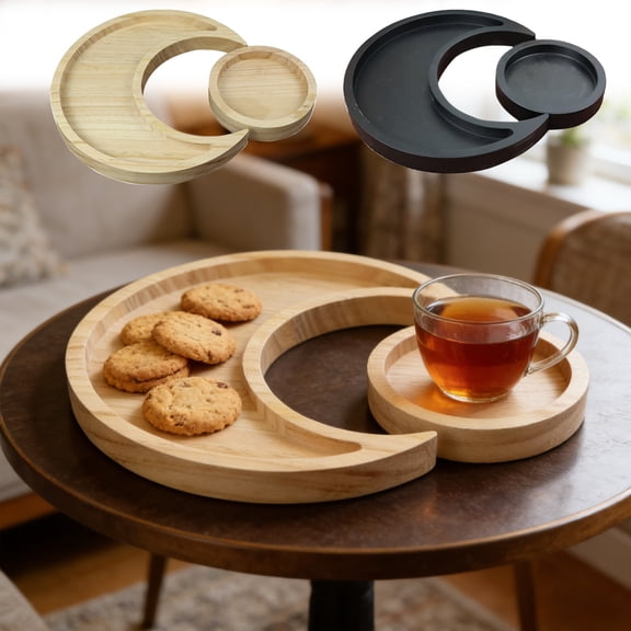Dianli Home Tableware Wooden Moon Shaped Tray Rustic Serving Platter Fruit Dessert Cake Plates Child Friendly Bamboo Style Decorative Meal Tray Snack Plate Wooden Tray