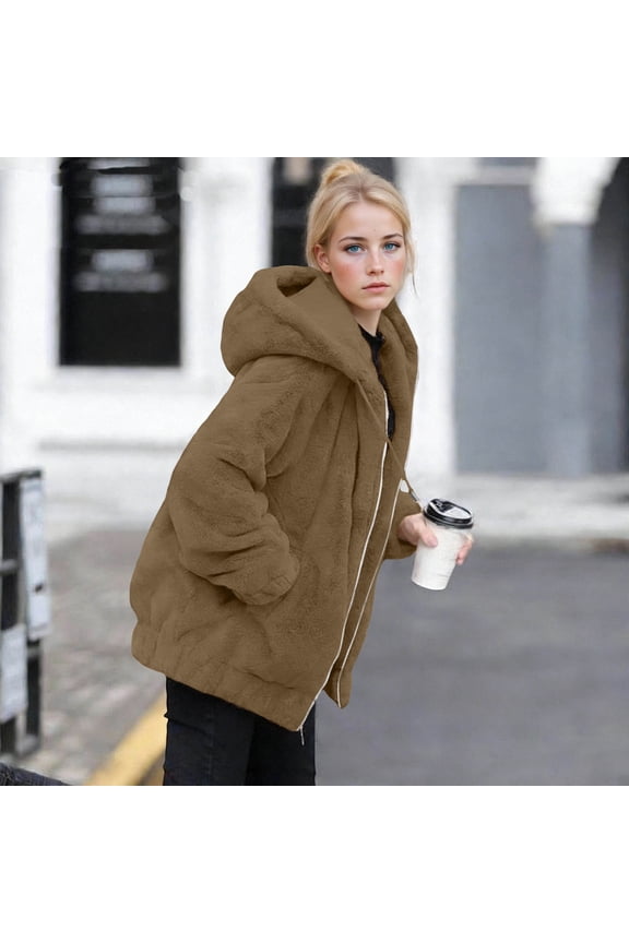 Hoodies Women's Fleece Hooded Reversible Plush Sweatshirt Jacket Double-Sided Long Sleeve Warm Oversized Cozy Winter Outerwear with Plush Lining for Women, Winter Coat