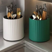 Dianli Kitchen Rotating Knife Rack Multifunctional Utensil Organizer 360° Rotating Tableware Storage Box with Drainage Large Capacity Chopstick Holder Countertop Plastic White Green 16.5x21cm