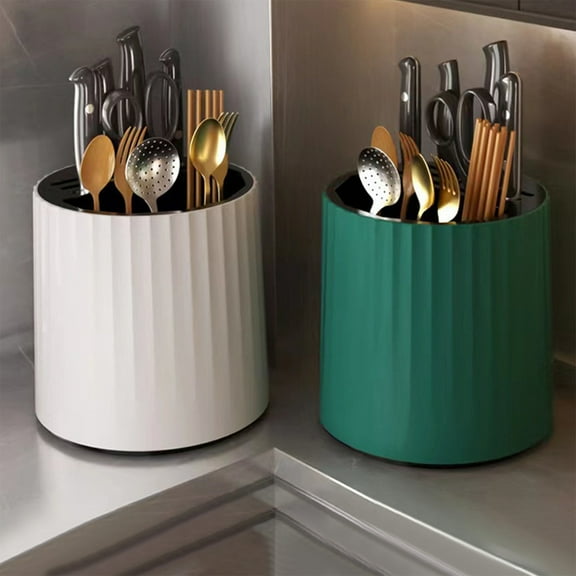 Dianli Kitchen Rotating Knife Rack Multifunctional Utensil Organizer 360° Rotating Tableware Storage Box with Drainage Large Capacity Chopstick Holder Countertop Plastic White Green 16.5x21cm