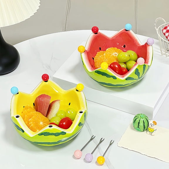 Dianli Kitchen Tabletop Watermelon Ceramic Fruit Bowl Set with 4 Fruit Forks Large Capacity Cute Watermelon Design Fruit Dish for Living Room Tea Table Centerpiece Home Decor