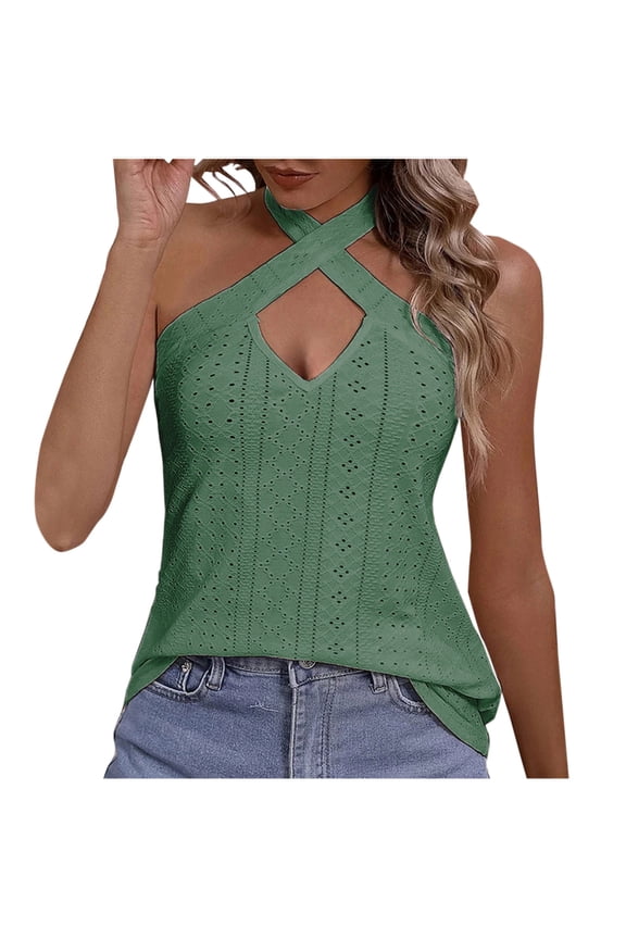Knotted Halter Strap Knitted Tank Top Tie‑Back Neck Stretch Knit Versatile Summer Pullover Lightweight Breathable Soft Fabric Casual Layering Top For Beach Brunch And Travel Green S