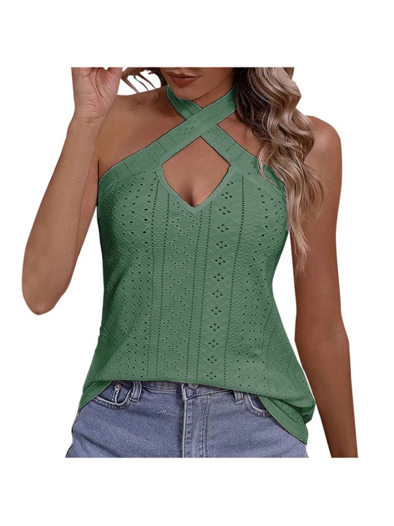 Knotted Halter Strap Knitted Tank Top Tie‑Back Neck Stretch Knit Versatile Summer Pullover Lightweight Breathable Soft Fabric Casual Layering Top For Beach Brunch And Travel Green M