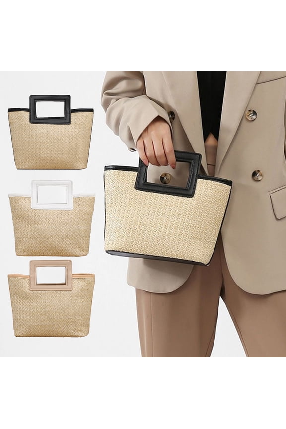 Large Capacity Straw Woven Tote Bag Square Handles Straw Beach Bag Rattan Handbag for Travel Daily Use Market Picnic Summer Large Straw Tote Beach Bag