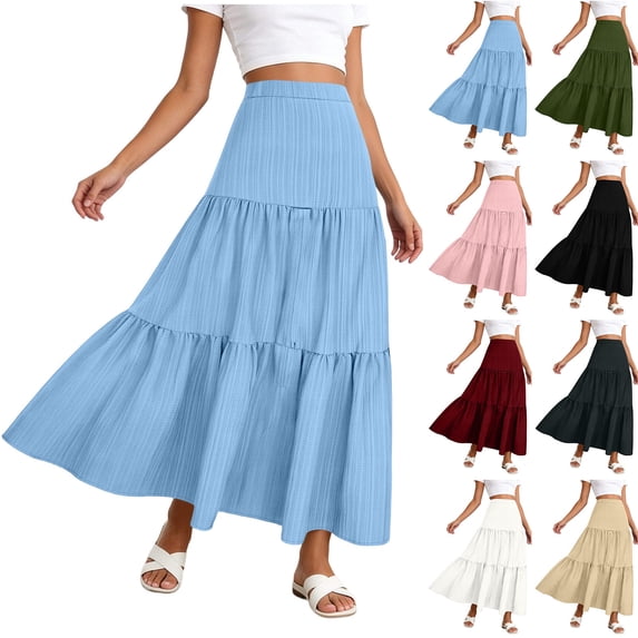 Dianli A Line Midi Skirt Elastic Waist Ruffled Ankle Length Wave Wrinkle Pleated Design Loose Fit Breathable Pull On Casual Everyday Travel Work To Weekend Maxi Skirt