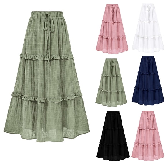 Dianli A Line Skirt Midi Skirts Women's Pleated A Line Long Skirt Elastic Waist Solid Color Pull On Oversized Pleated Design Breathable Casual Work To Weekend Skirt