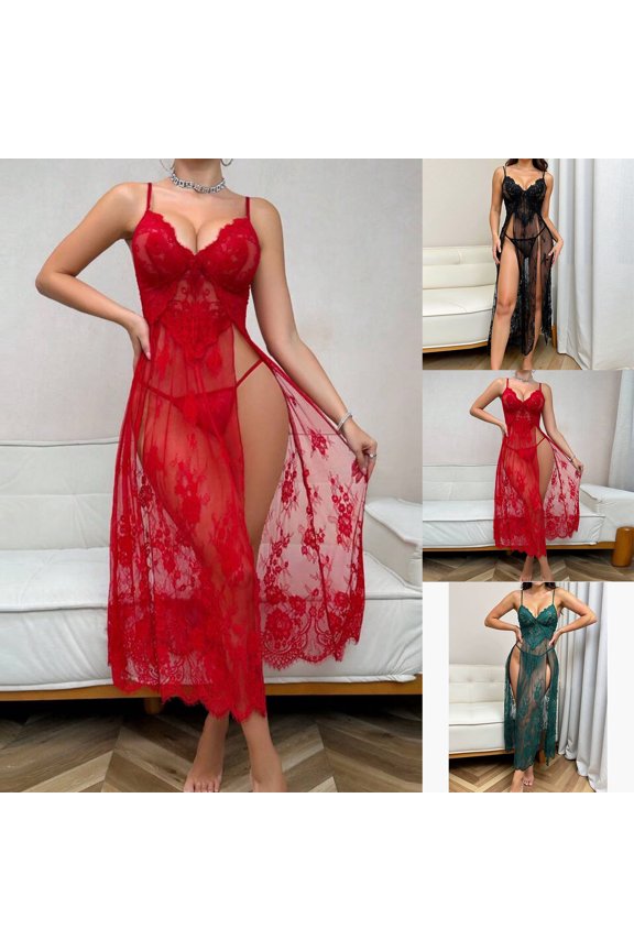 Lingerie Sleepwear Embroidered Lace Camisole Nightgown With Mesh Suspender Skirt Lace Up Front Sheer Slit T Back Romantic Intimates Nightwear Lingerie Sleepwear