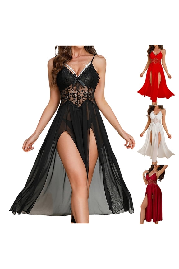 Lingerie Sleepwear Embroidered Lace Up Camisole Nightgown With Sheer Suspender Skirt T Back Romantic Lace Trim Sheer Slit Seductive Nightwear Intimates