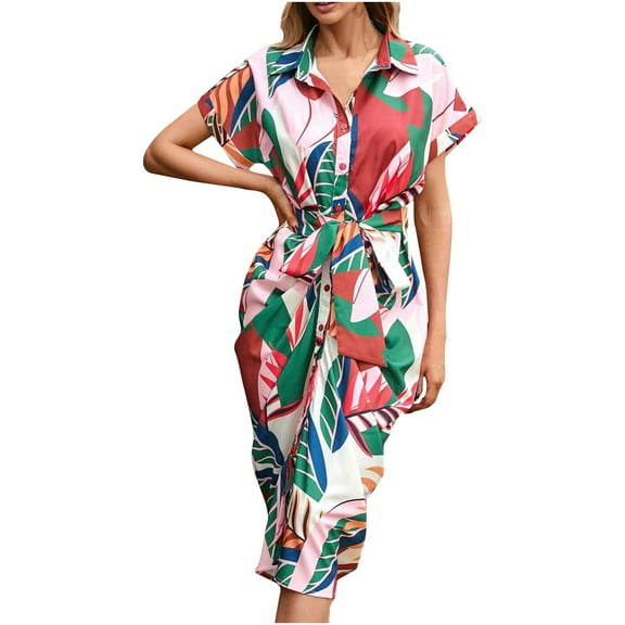 ZZwxWA Maxi Lapel Fashion Button Down Tie Waist Pleated Wrap Hip Summer Casual Loose Outdoor Floral Print Dress Short Sleeve Dresses Pink S