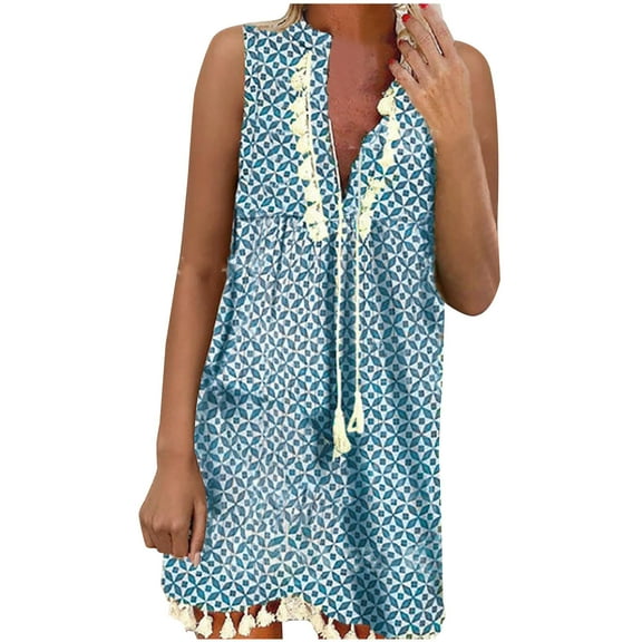 ZZwxWA Maxi V-Neck Fashion Loose Fit Tassel Camisole Holiday Beach Party Cute Pullover Plaid Print Dresser Dress Sleeveless Dresses Blue XL