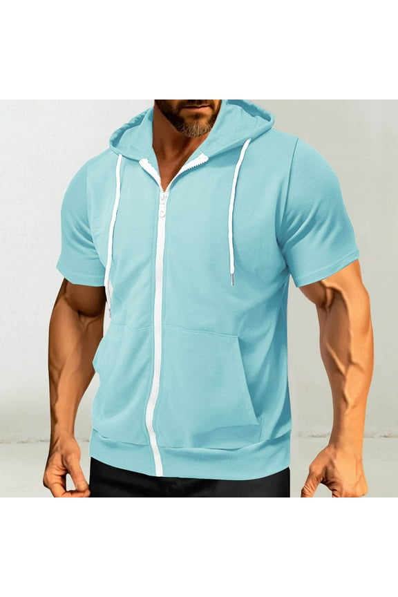 Mens Muscle Tank Top Hooded Short Sleeve Button Lapel Hook-Buckle T-Shirt Jacket with Zipper Pocket Breathable Lightweight Solid Color Casual Vest Top Summer Casual