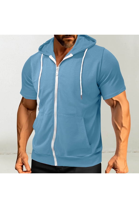 Mens Muscle Tank Top Hooded Short Sleeve Button Lapel Hook-Buckle T-Shirt Jacket with Zipper Pocket Breathable Lightweight Solid Color Casual Vest Top Summer Casual