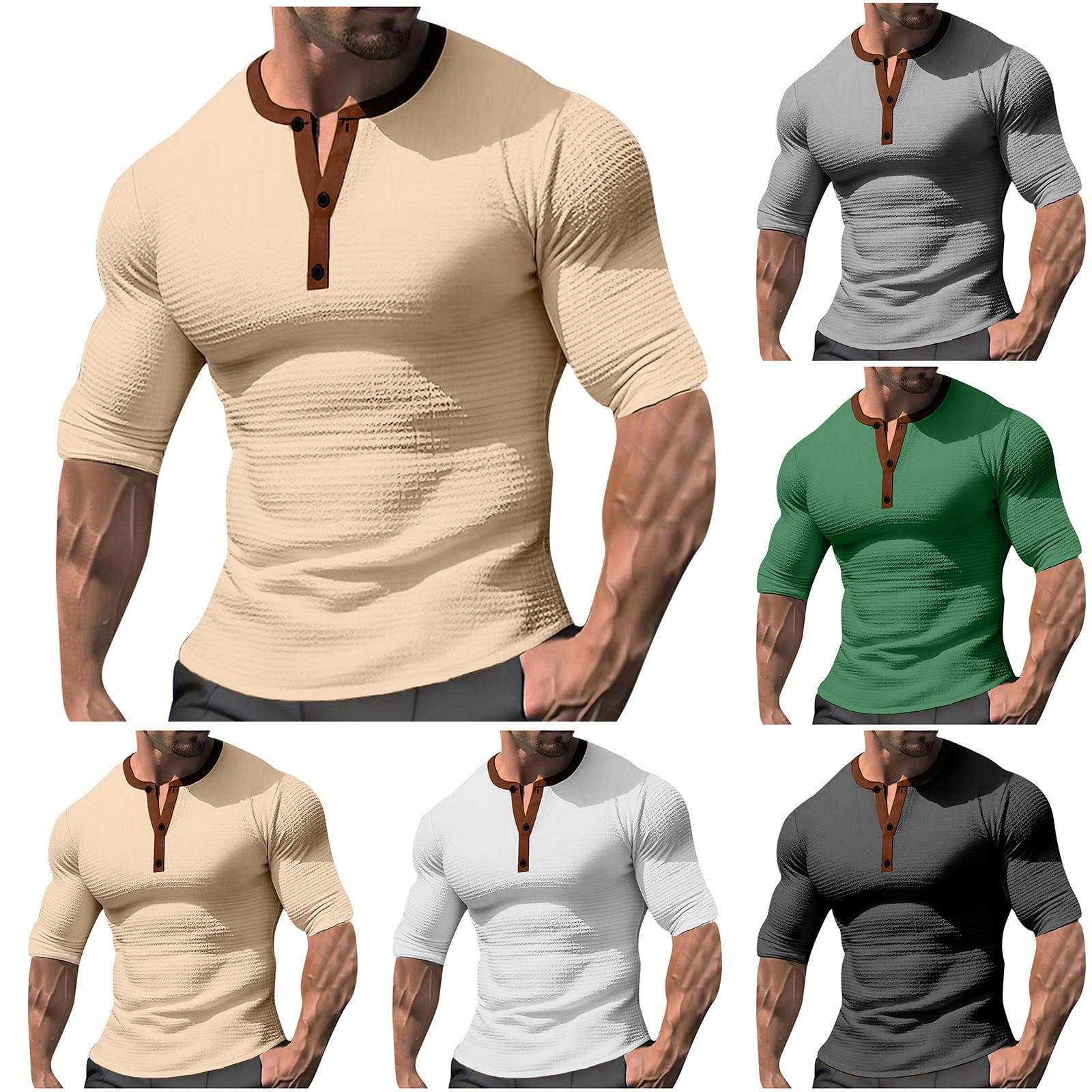 Dianli Mens Short Sleeve T-Shirt 3-Button Color Block Round Neck Top ...