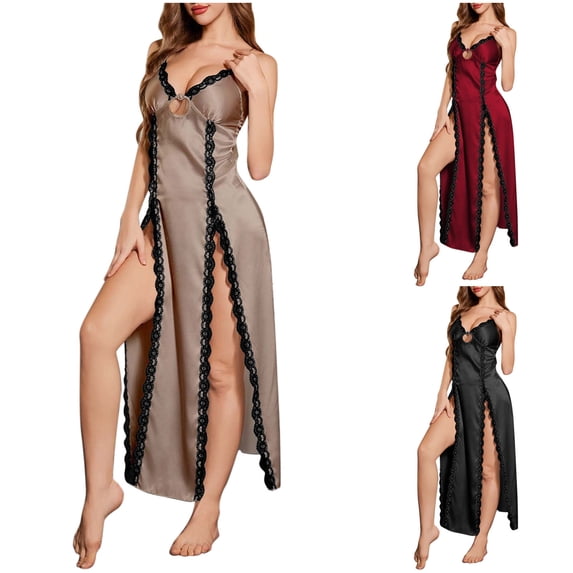 Dianli Nightgown Sleepwear Ice Silk V Neck Lace Long Suspender Nightdress Lightweight Breathable Sleeveless Lace Splice Long Sleepshirt Soft Summer Homewear Nightgown Sleepwear