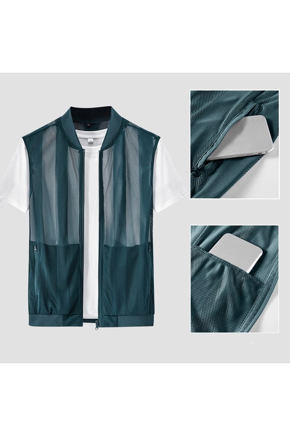Outdoor Fishing Mens Muscle Tank Top Breathable Mesh Sun-Protection Vest with Inner Pocket Lightweight Hollow Quick-Dry Sleeveless Fishing Tank Coat Summer Travel