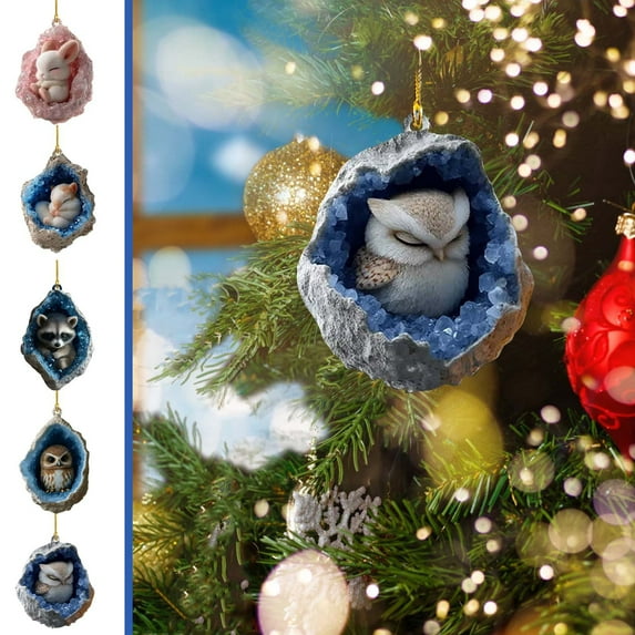 Dianli Owl Raccoon Christmas Tree Ornament 2D Flat Print Acrylic Holiday Decorations for Xmas Trees Wreaths and Festive Gift Wrapping