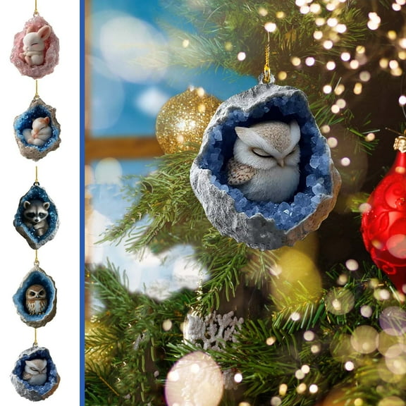 Dianli Owl Raccoon Christmas Tree Ornament 2D Flat Print Acrylic Holiday Decorations for Xmas Trees Wreaths and Festive Gift Wrapping