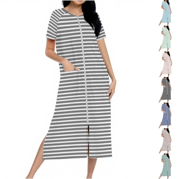 Dianli Pajamas Loungewear Gradient Print Zip Up Knit Robe Full Length With Pockets Cozy Long Housecoat Knitted Bathrobe Comfortable Homewear Nightwear Sleepwear