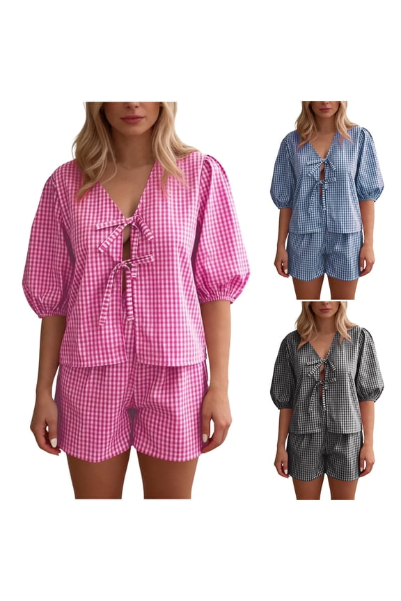 Pajamas Loungewear Plaid Short Sleeve Top And Shorts Set Versatile Plaid Design Side Pockets Elastic Waist Casual Homewear Lightweight Breathable Sleepwear Nightwear