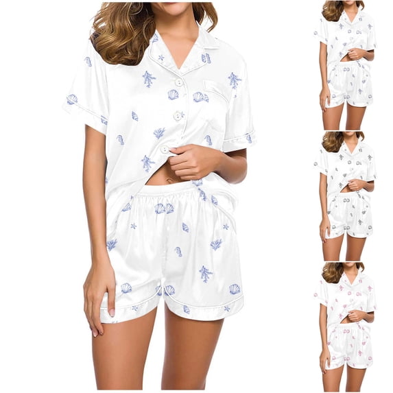 Dianli Pajamas Loungewear Shell Print Lapel Short Sleeve Top And Elastic Waist Shorts Imitation Silk Fashion Casual Collar Set Lightweight Breathable Homewear Nightwear