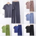 thumbnail image 1 of Dianli Pajamas Sleepwear V Neck Short Sleeve Lace Up Wide Leg Pants Two Piece Set Loose Fit Solid Color Comfortable Home Loungewear Nightwear, 1 of 4