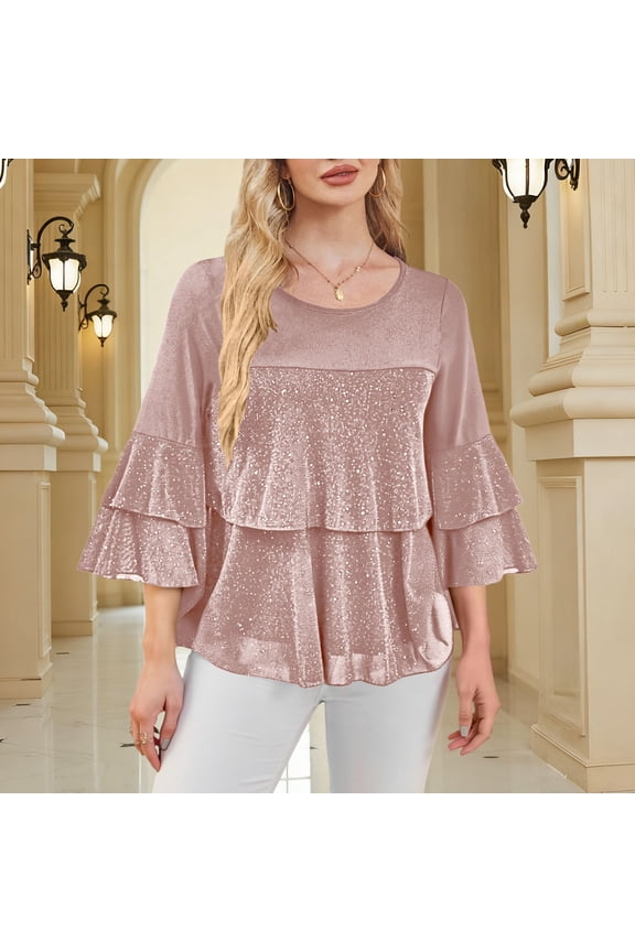 Party Top Women's Sparkly Ruffle 3/4-Sleeve Evening Blouse Flowy Chiffon-Layered V-Neck Wrap Bodice Pleated Ruffle Hem Elastic Cuffs Dressy Sequin-Accent Formal Occasion