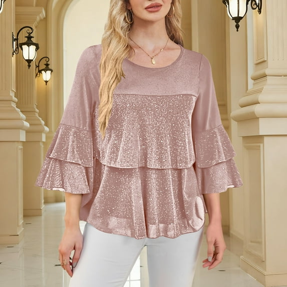 Dianli Party Top Women's Sparkly Ruffle 3/4-Sleeve Evening Blouse Flowy Chiffon-Layered V-Neck Wrap Bodice Pleated Ruffle Hem Elastic Cuffs Dressy Sequin-Accent Formal Occasion
