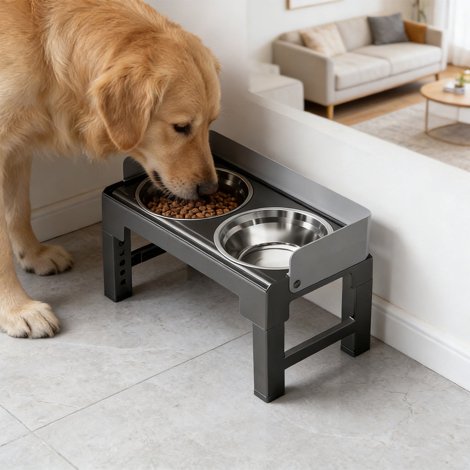 Dianli Pet Supplies Adjustable Height Elevated Stainless Steel Pet Bowls Neck Protecting Feeder Stand Double Bowl Set Includes Slow Feeder Option for Dogs Cats Pet Supplies