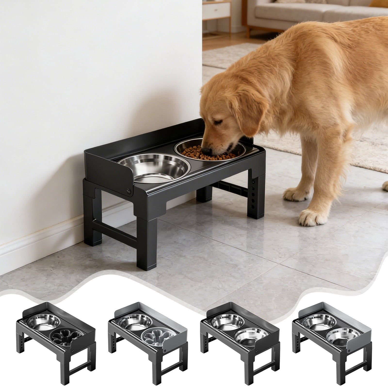 Dianli Pet Supplies Adjustable Height Elevated Stainless Steel Pet Bowls Neck Protecting Feeder Stand Double Bowl Set Includes Slow Feeder Option for Dogs Cats Pet Supplies