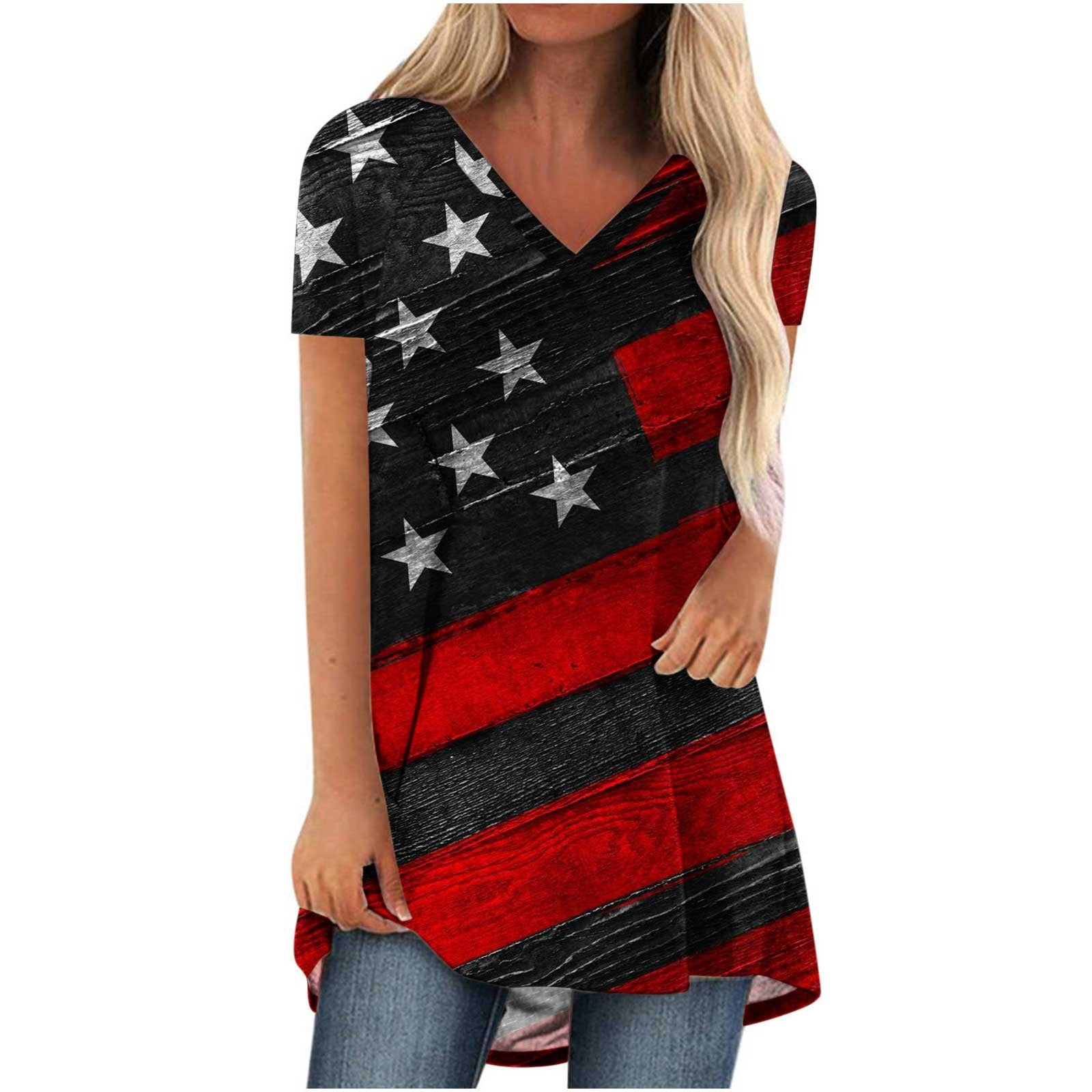 Dianli Plus Size Patriotic Tops for Women American Flag Sunflower Star ...