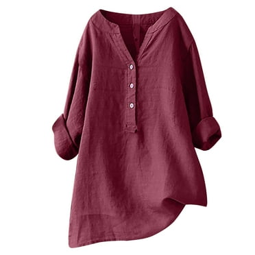 Dianli Plus Size Womens Tops Solid Shirt Fashion Loose V-Neck Long Sleeve Cotton Linen Tunic Shirt Blouse on Clearance Wine s