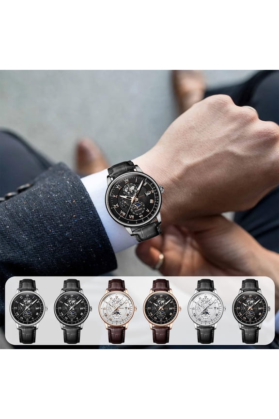 Quartz Wristwatch Men's Quartz Skeleton Watch Openwork Alloy Case Leather Strap Business Casual Dress Watch with Luminous Hands Date Window Water Resistant Fashion