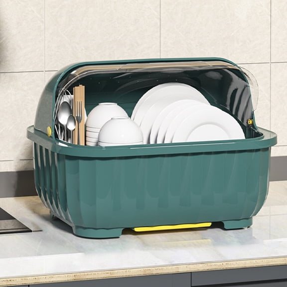 Dianli Adjustable Kitchen Dish Rack with Drainage, Covered Utensil Storage Organizer Box, Space Saving Plate and Bowl Cabinet, 14x11x10, Blue/Pink/Green