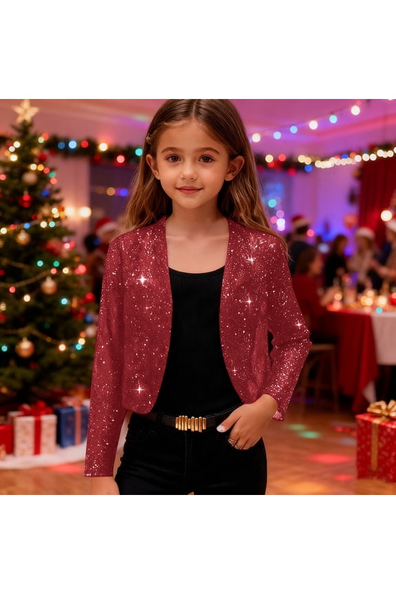 Girls Sequin Shawl Cardigan Jacket Sparkle Long Sleeve Short Coat Casual Silver Sequin Knit Wrap Cardigan Outerwear Ages 4-14 School Party Dressy Casual Kids Jacket