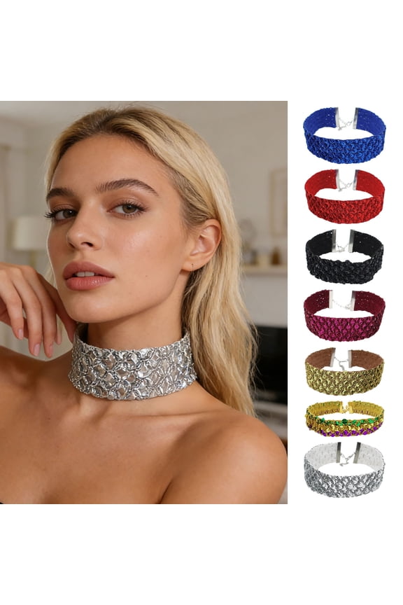 Sequin Choker Necklace Velvet Metal Collar for Women Adjustable Chain Gothic Glam Evening Party Prom Accessory Black Velvet Sequin Trim Statement Necklace