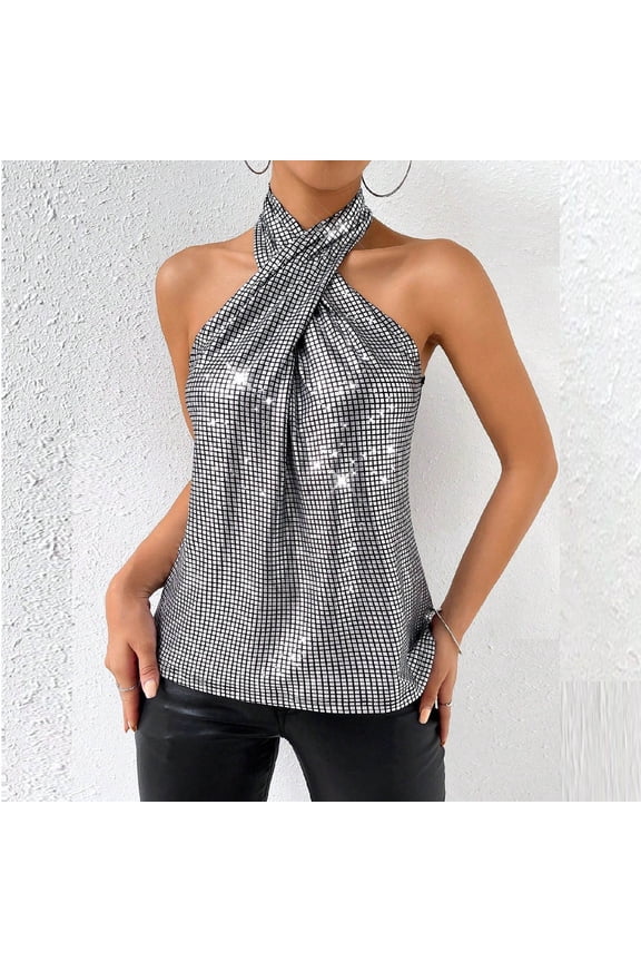 Sequined Off‑Shoulder Halter Tank Top Metallic Shine Backless Stretch Fabric Lined For Comfort Dazzling Slim Fit Nightclub Partywear For Evening Or Festive Events, Party Top Silver M