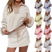 Dianli Set Two Piece Sets Womens V Neck Striped Long Sleeve Top And Drawstring Short Skirt Matching Set Lightweight Breathable Casual Lounge Beach Outfit Two Piece Set
