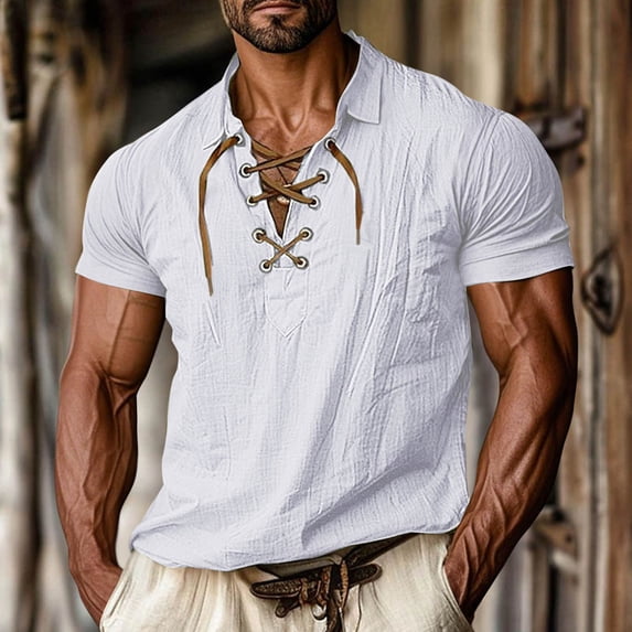 Dianli Shirts for Men Beefy Muscle Short Sleeve Solid Color T-Shirt Round Neck Lapel Lace-Up Retro Casual Muscle-Fit Lightweight Breathable Cotton-Blend Tee Summer Casual