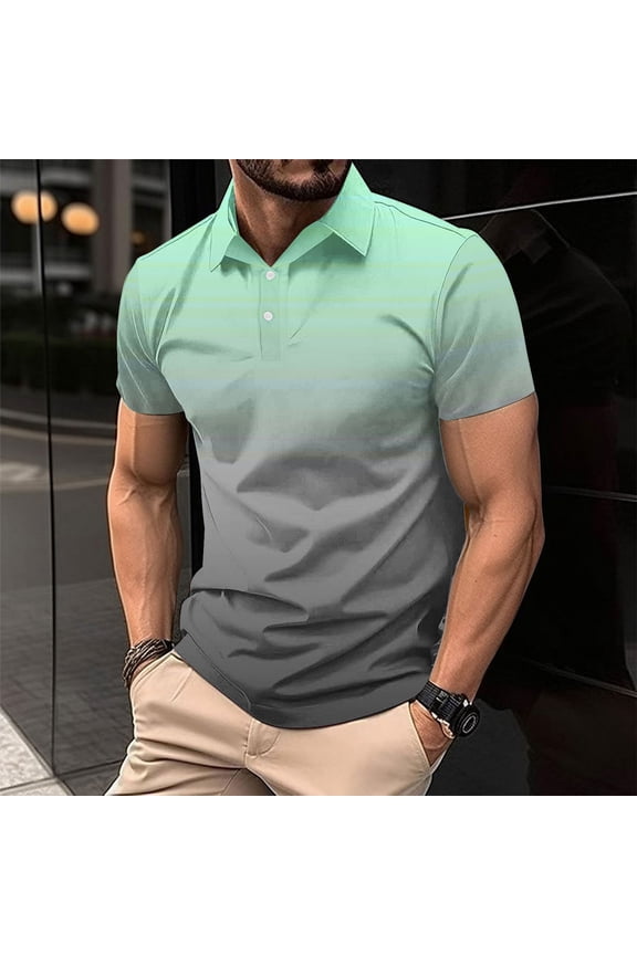 Shirts for Men Gradient Print Turn-Down Collar Short Sleeve Button Pullover T-Shirt Cotton Linen Breathable Lightweight Relaxed Fit Office Beach Everyday Wear