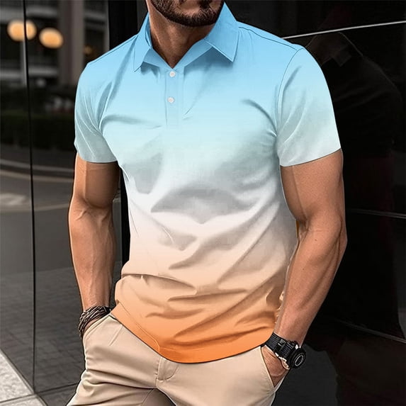 Dianli Shirts for Men Gradient Print Turn-Down Collar Short Sleeve Button Pullover T-Shirt Cotton Linen Breathable Lightweight Relaxed Fit Office Beach Everyday Wear