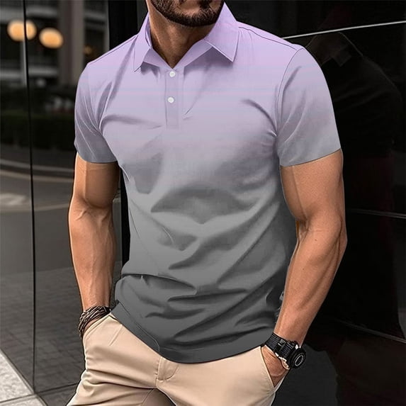 Dianli Shirts for Men Gradient Printed Turn-Down Collar Short Sleeve Button Pullover T-Shirt Cotton Linen Breathable Lightweight Relaxed Fit Everyday Wear