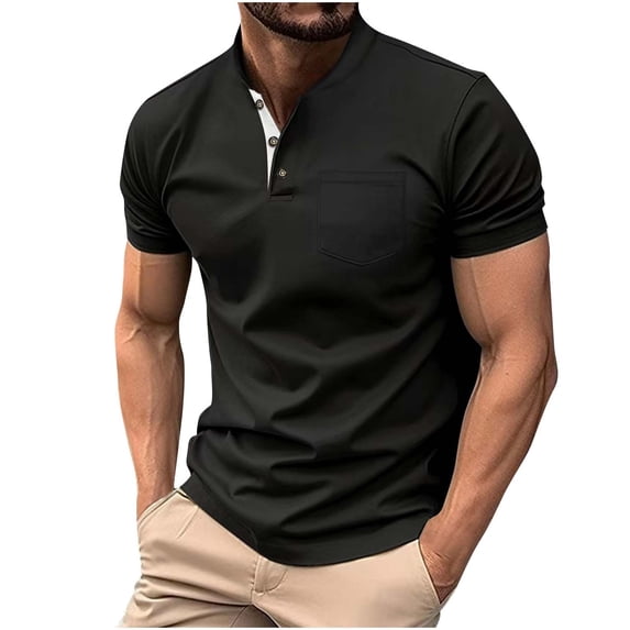 Dianli Shirts for Men Solid Color Button Pullover Stand-Collar Short Sleeve Shirt Breathable Lightweight Cotton-Like Loose-Fit Casual Tee Everyday Travel