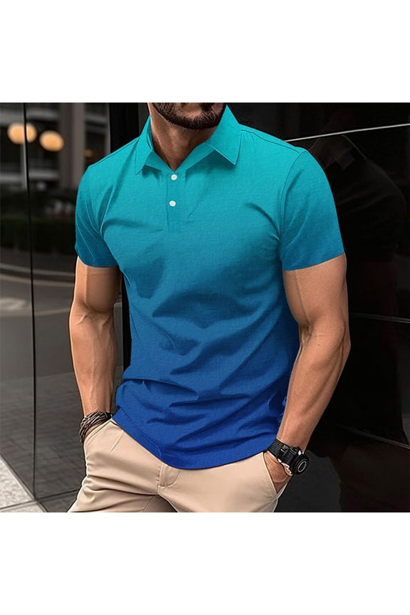 Shirts for Men Solid Short Sleeve Turn-Down Collar Button Pullover T-Shirt Gradient Print Cotton Linen Breathable Lightweight Relaxed-Fit Office Beach Summer