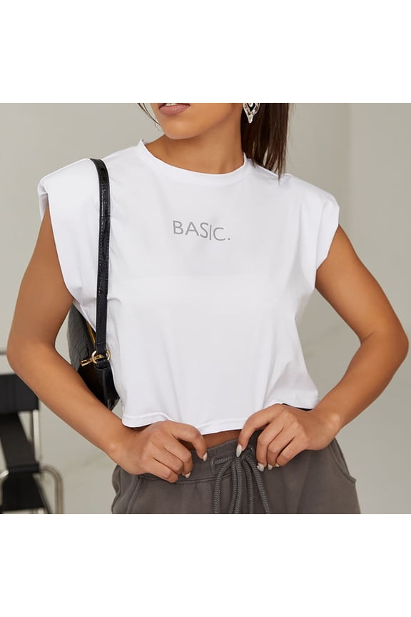 Shoulder‑Pad Sleeveless Crop Top Structured Round‑Neck Stretch Cotton Blend Exposed Midriff Trendy Short Silhouette Lightweight Breathable Casual Party And Daywear Layering Piece, Crop Top