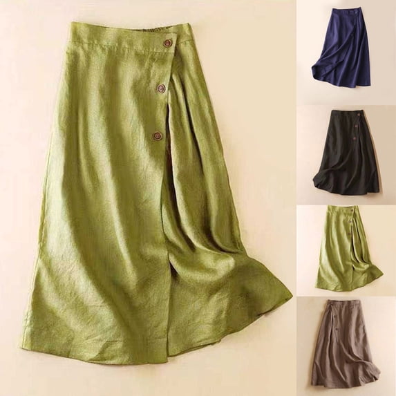 Dianli Skirt A Line Women's Solid A Line Elastic Waist Button Front Big Swing Midi Skirt Cotton Linen Pocketed Casual Summer Pull On Skirt