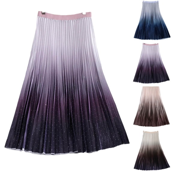Dianli Skirt Pleated Women's Gradient Midi Pleated Skirt Elastic Waist Drawstring Large Swing Versatile Dressy Casual High End Temperament Streetwear Work To Weekend