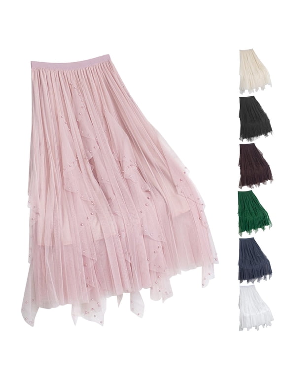 Skirt Skort Beaded Mesh Midi A Line Skirt High Waist Beaded Overlay Slimming Effect Mid Length Flare Layered Tulle Party Performance Evening Skirt