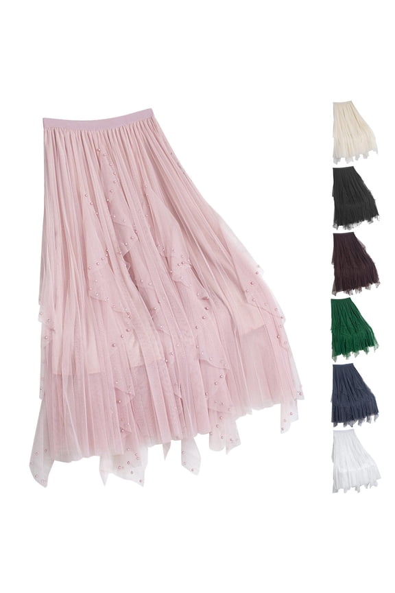 Skirt Skort Beaded Mesh Midi A Line Skirt High Waist Beaded Overlay Slimming Effect Mid Length Flare Layered Tulle Party Performance Evening Skirt